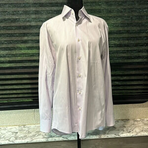 HUGO Men's Classic Popelin Button Down Dress Shirt White & Purple Stripe SZ 15.5